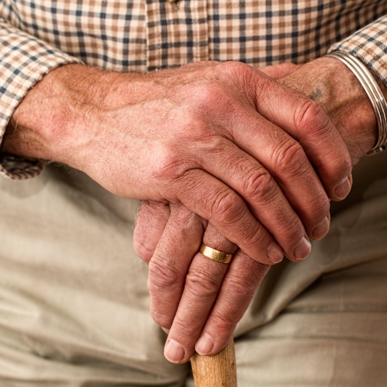The hands of an elderly man, holding the top of a wooden walking stick. (wallflowerhaze.com)