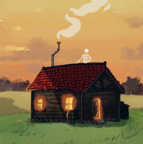 Skeleton character Mr Skelly is sitting on the roof of a small, remote cabin. Smoke is coming out of the chimney and warm light glows from inside the cabin.