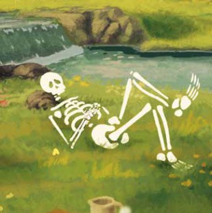 Skeleton character Mr Skelly is lying in the grass next to a river.